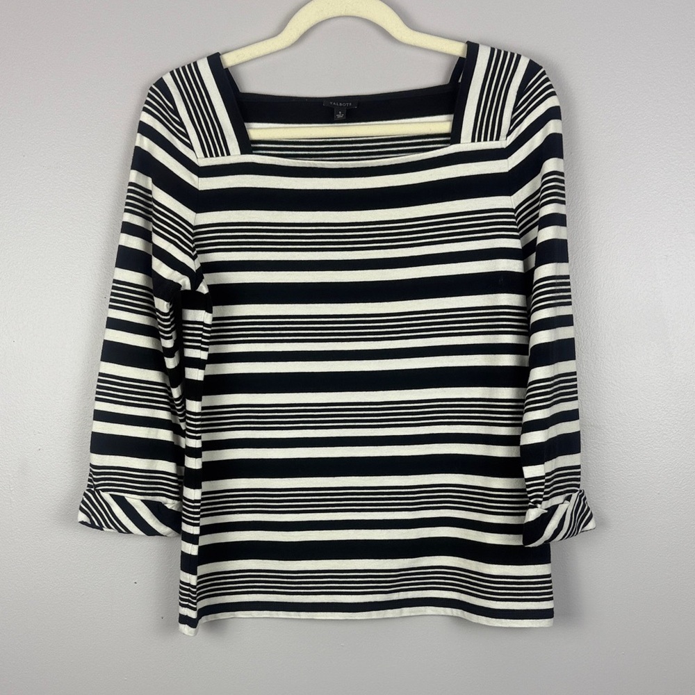 Talbots Cotton Classic Black White Striped Square Neckline 3/4 Sleeve Small Top - Picture 2 of 10